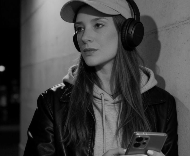 Retrato em preto e branco de mulher com fones de ouvido e boné, no clima urbano da Brisa Music Digital